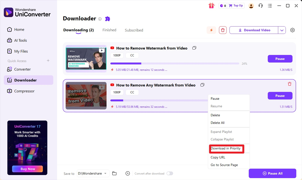 UniConverter Downloader displaying active download tasks and task controls