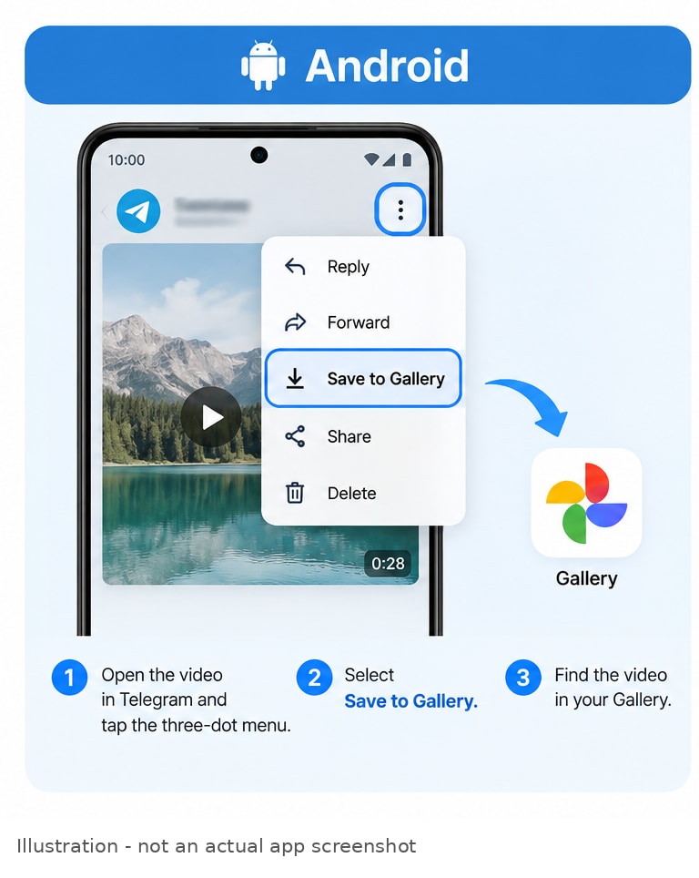 Illustrative Android guide showing Telegram Save to Gallery action