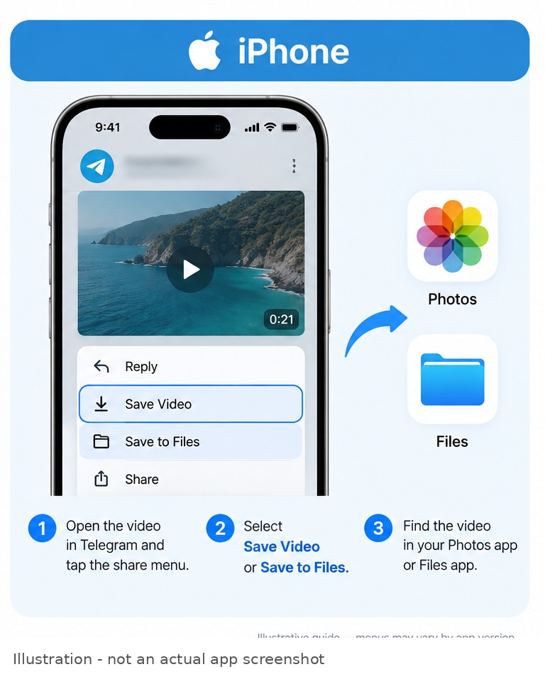 Illustrative iPhone guide showing Telegram Save Video and Save to Files options