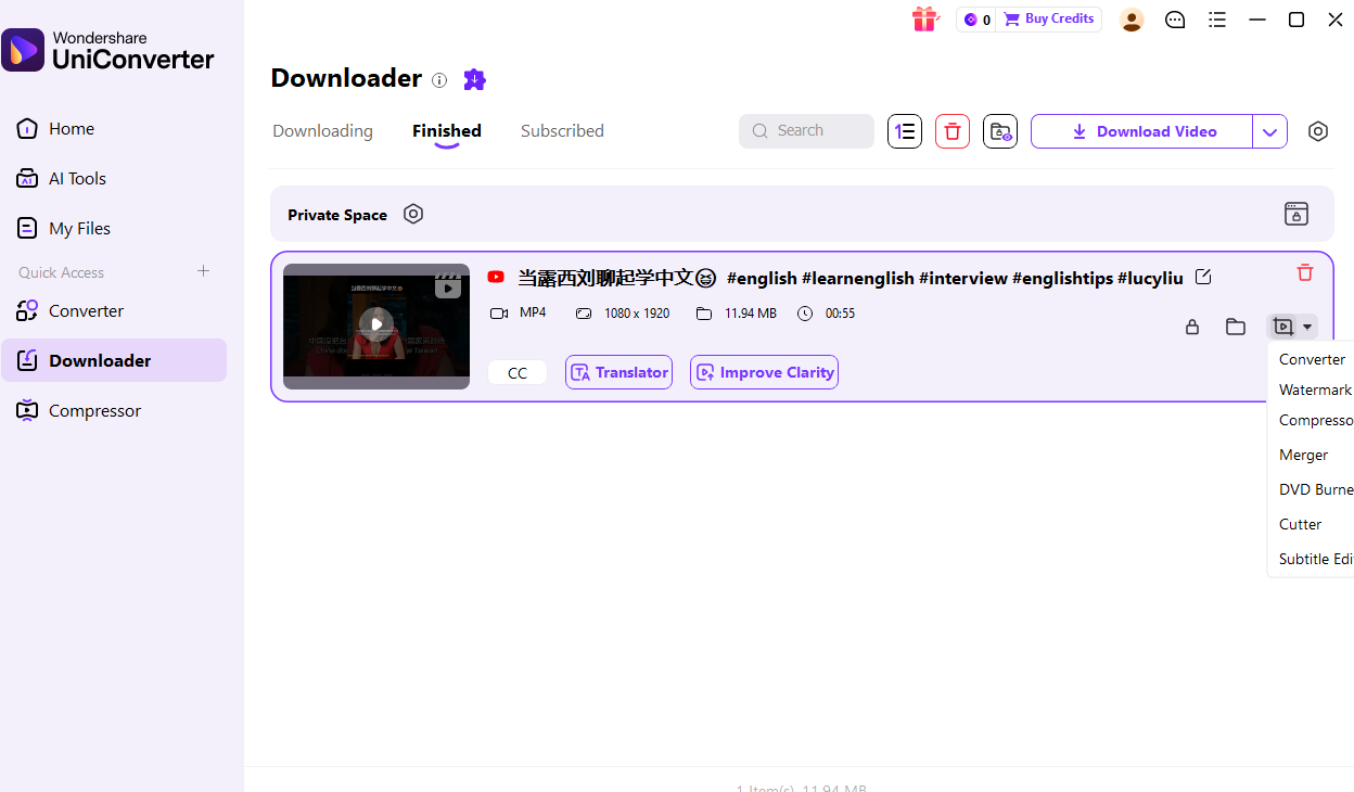 Real UniConverter V17 Finished tab showing file information and post-download tool menu