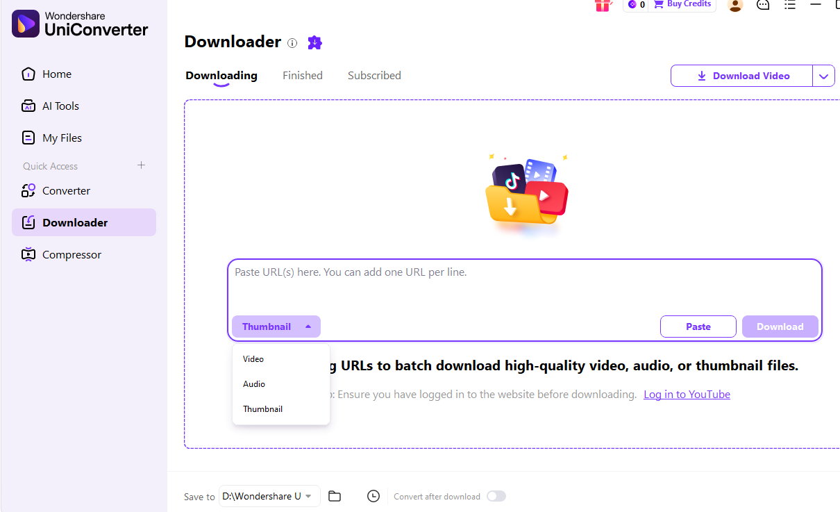 UniConverter Windows V17 Downloader showing the supported media URL input and Video, Audio, Thumbnail selector
