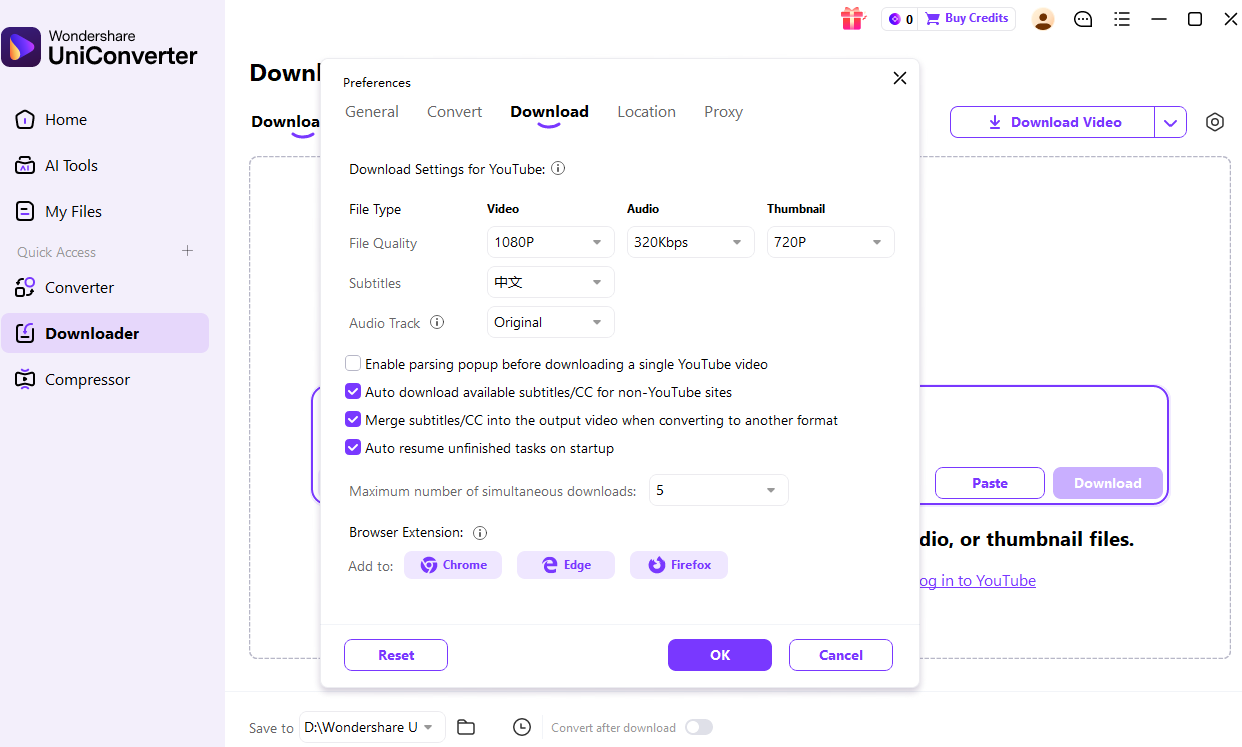 Real UniConverter Windows V17 Downloader preferences showing quality, subtitles, audio track, task resuming, and simultaneous download settings