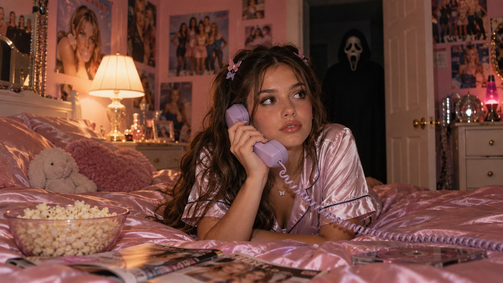 Y2K Ghostface AI-style bedroom scene with a corded phone and a masked figure in the doorway
