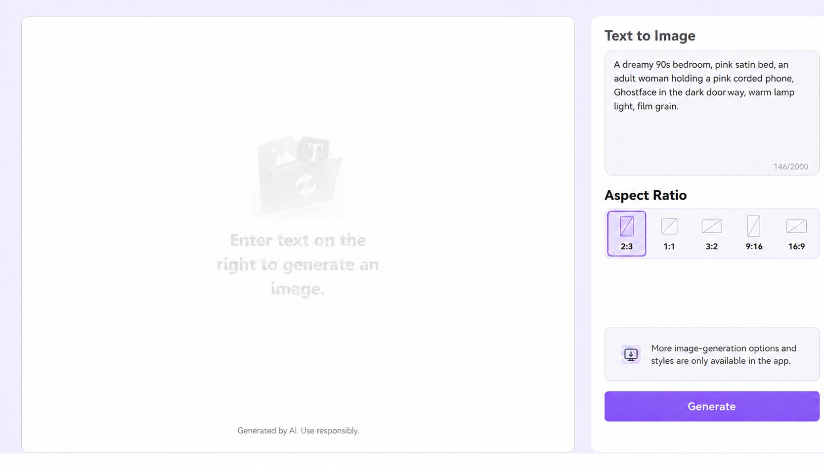 Real UniConverter online Text to Image screen with a Ghostface AI scene prompt entered
