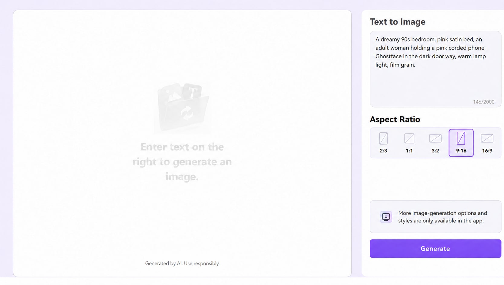 Real online AI Image Generator aspect-ratio choices with 9:16 selected