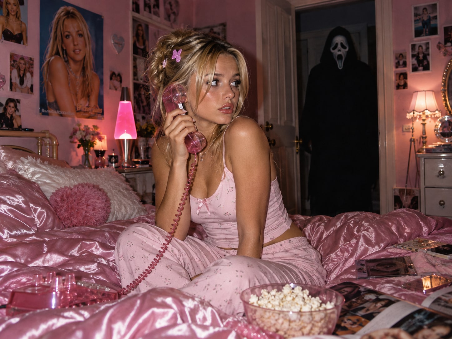 Classic Y2K pink bedroom horror image with a phone and doorway figure