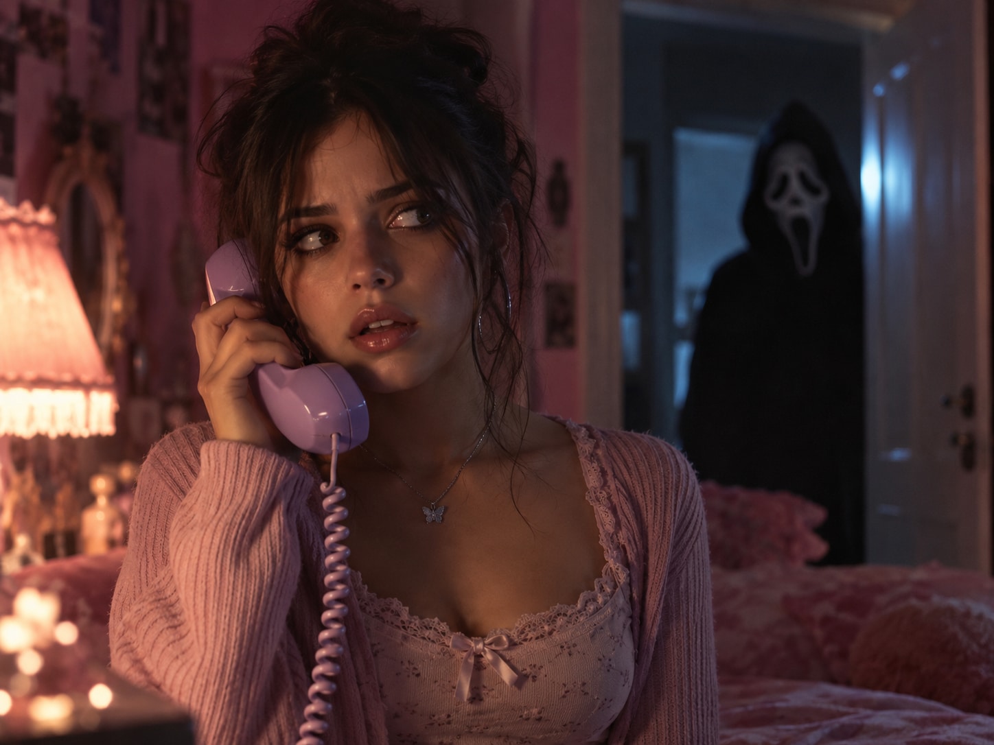 Cinematic phone portrait with a masked figure blurred in the background