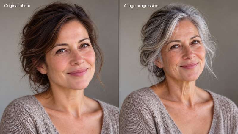 Illustrative before and after portrait showing an imagined older version of the same person