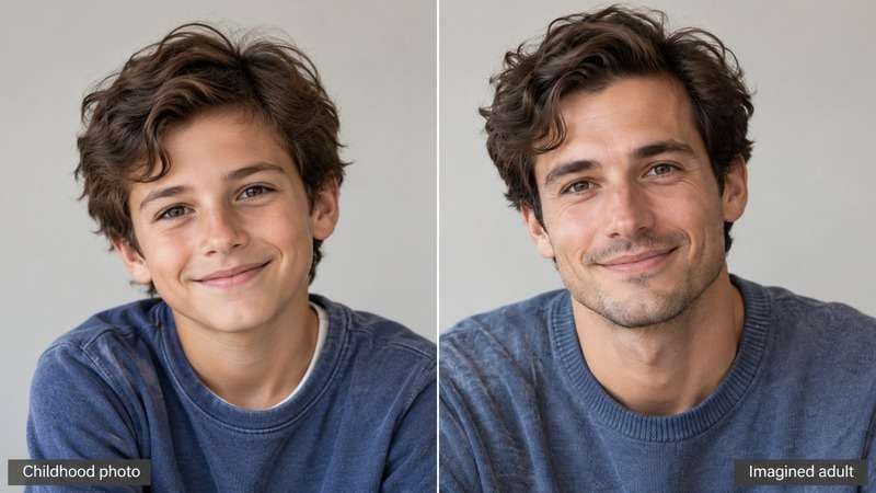 Before-and-after example showing a fictional child and imagined adult version