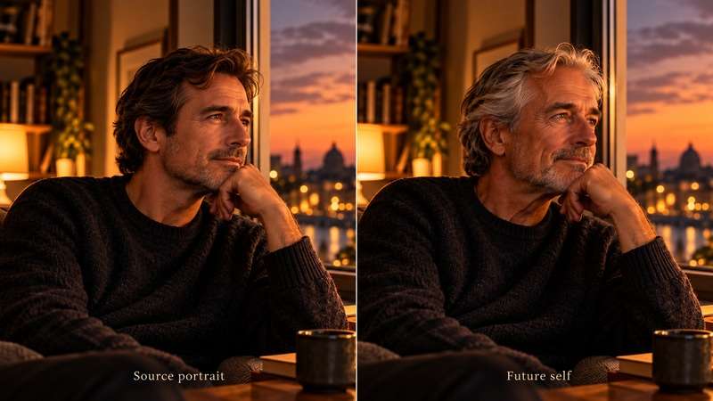 Before-and-after cinematic portraits of a fictional man at younger and older ages