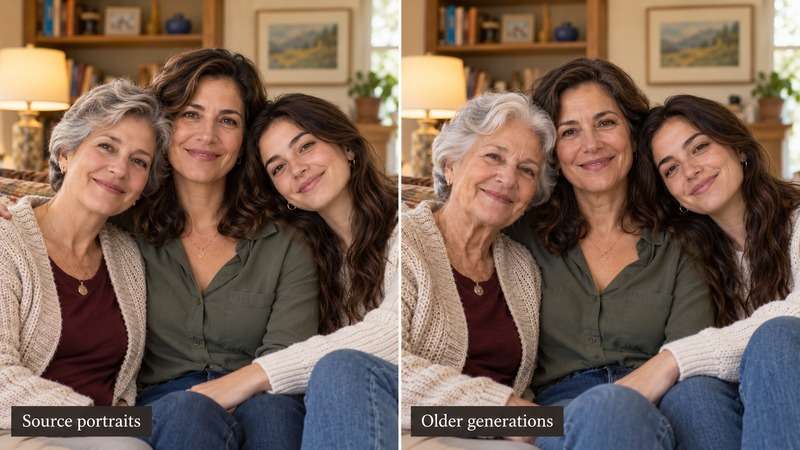 Before-and-after family portraits showing imagined aging across generations