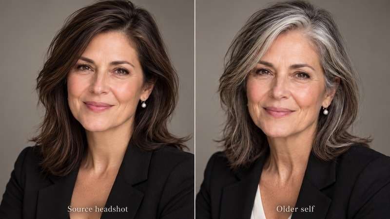 Before-and-after professional headshots of a fictional woman at younger and older ages