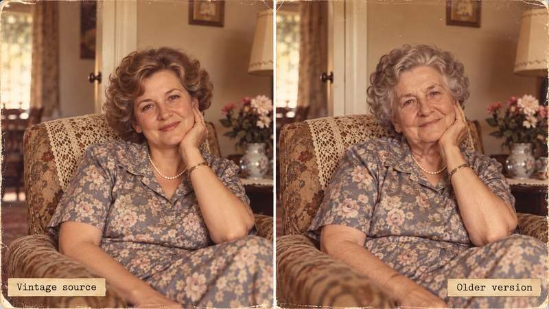 Before-and-after vintage portraits showing the same fictional woman at different ages