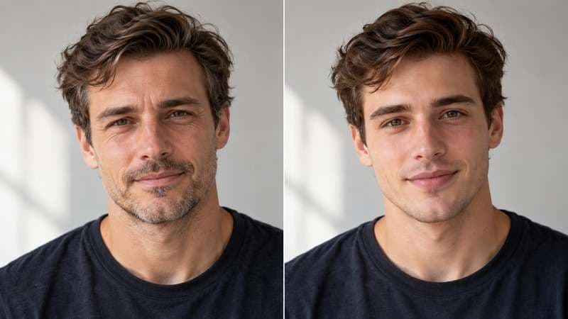 Before-and-after example of a fictional man transformed into a younger self