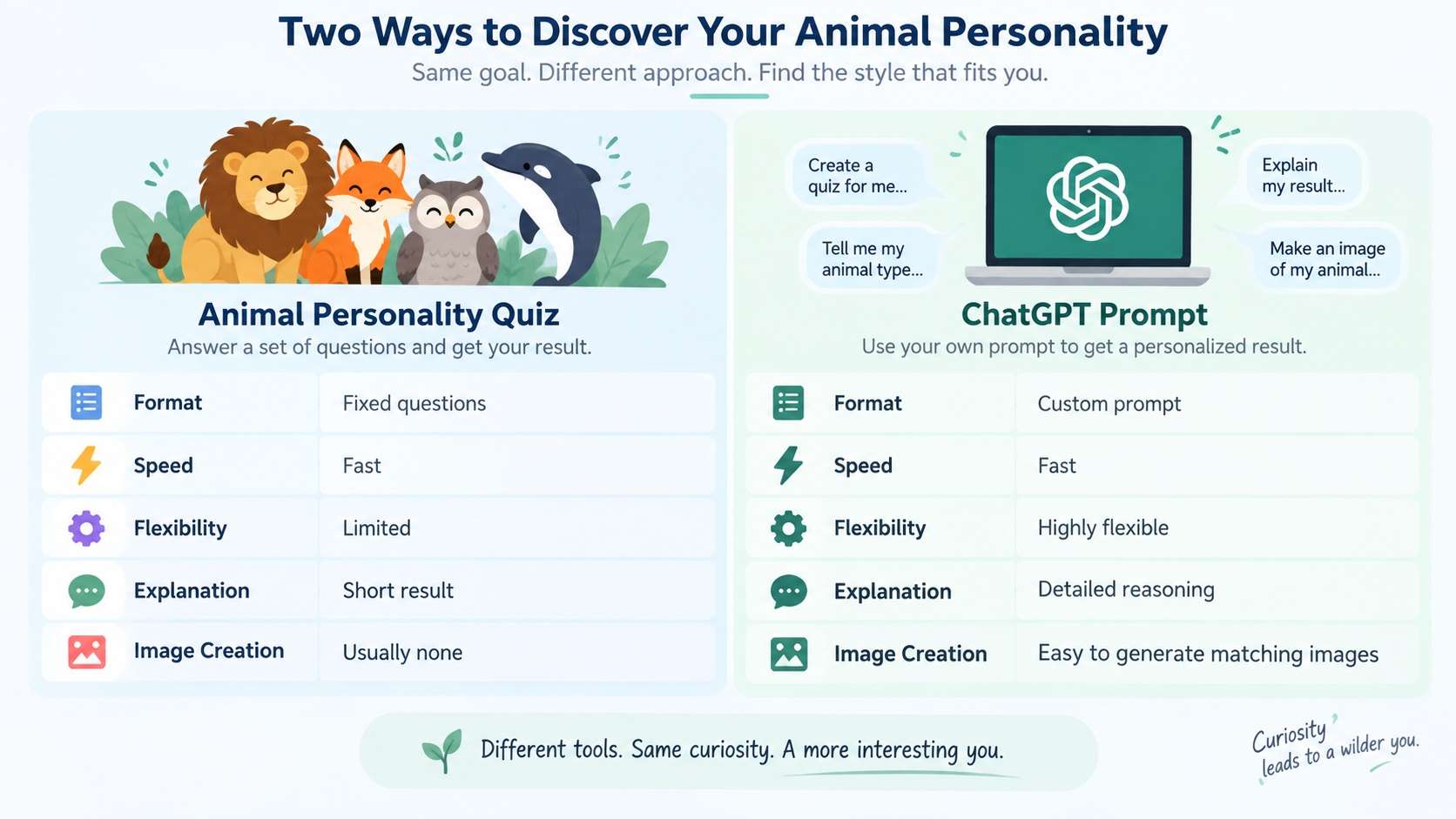 Animal personality quiz compared with ChatGPT animal prompt