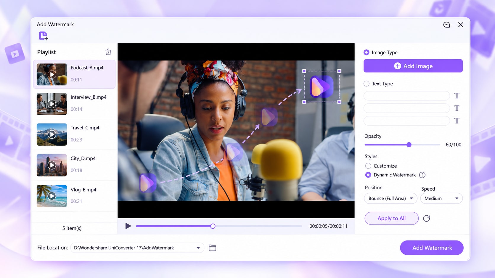 Transparent watermark styling for video