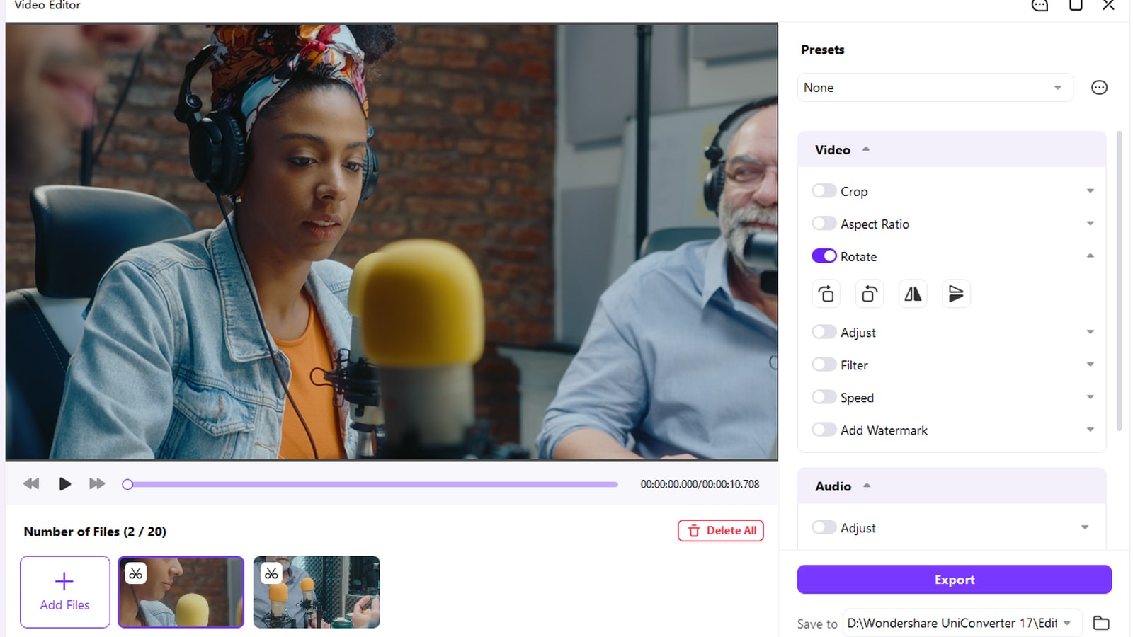UniConverter Video Editor with Rotate enabled for a selected video