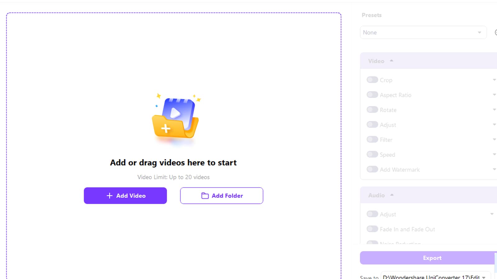 Add or drag videos in UniConverter Video Editor with up to 20 videos