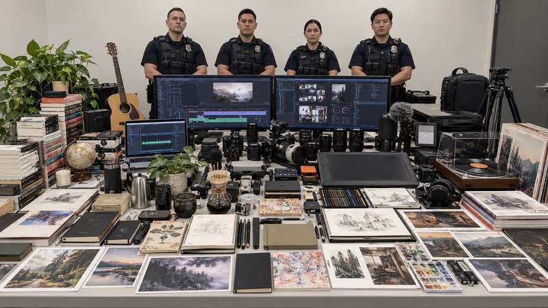 Illustrative AI police raid image with harmless mixed hobby items