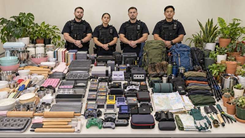 Fictional seized-items image showing baking supplies, retro gaming, hiking gear, and houseplants