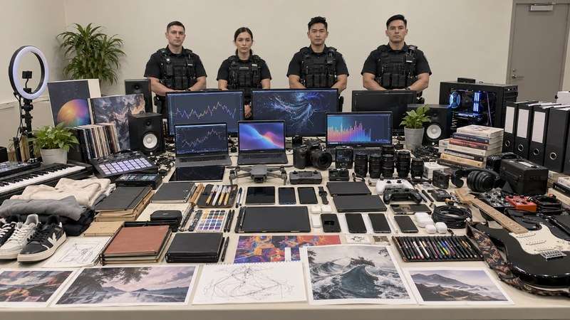 Fictional police evidence-style display of books, gaming gear, plants, running shoes, and a camera