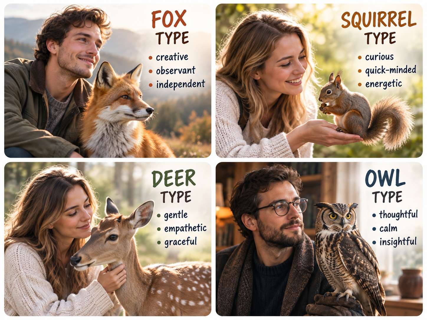 Common animal personality meanings including fox, wolf, owl, deer, cat, dolphin, lion, and bear