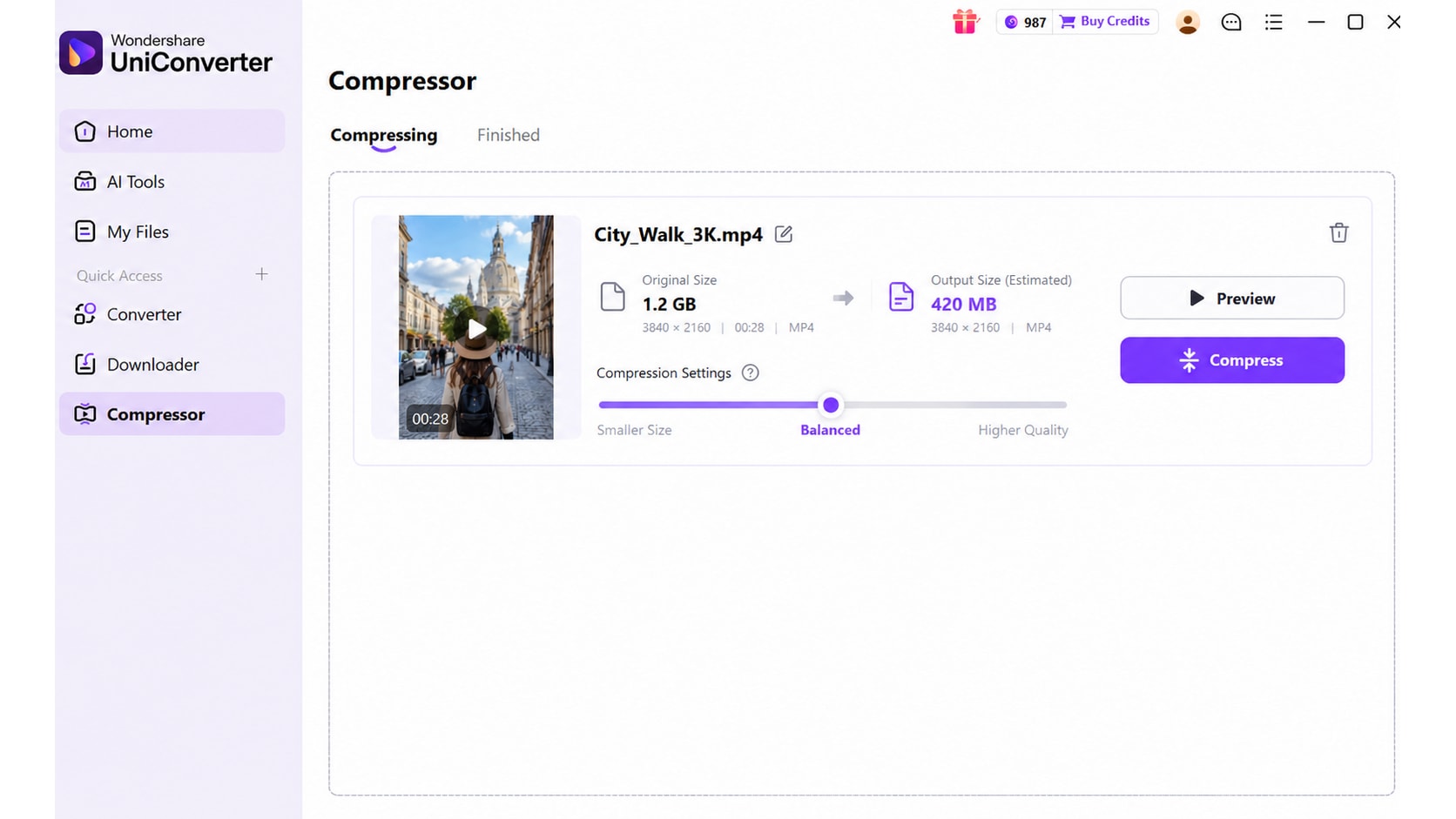 Compressing a 3K Ray-Ban Meta video with UniConverter Video Compressor