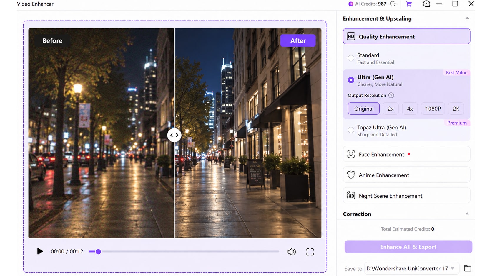 Previewing low-light Ray-Ban Meta footage in UniConverter AI Video Enhancer