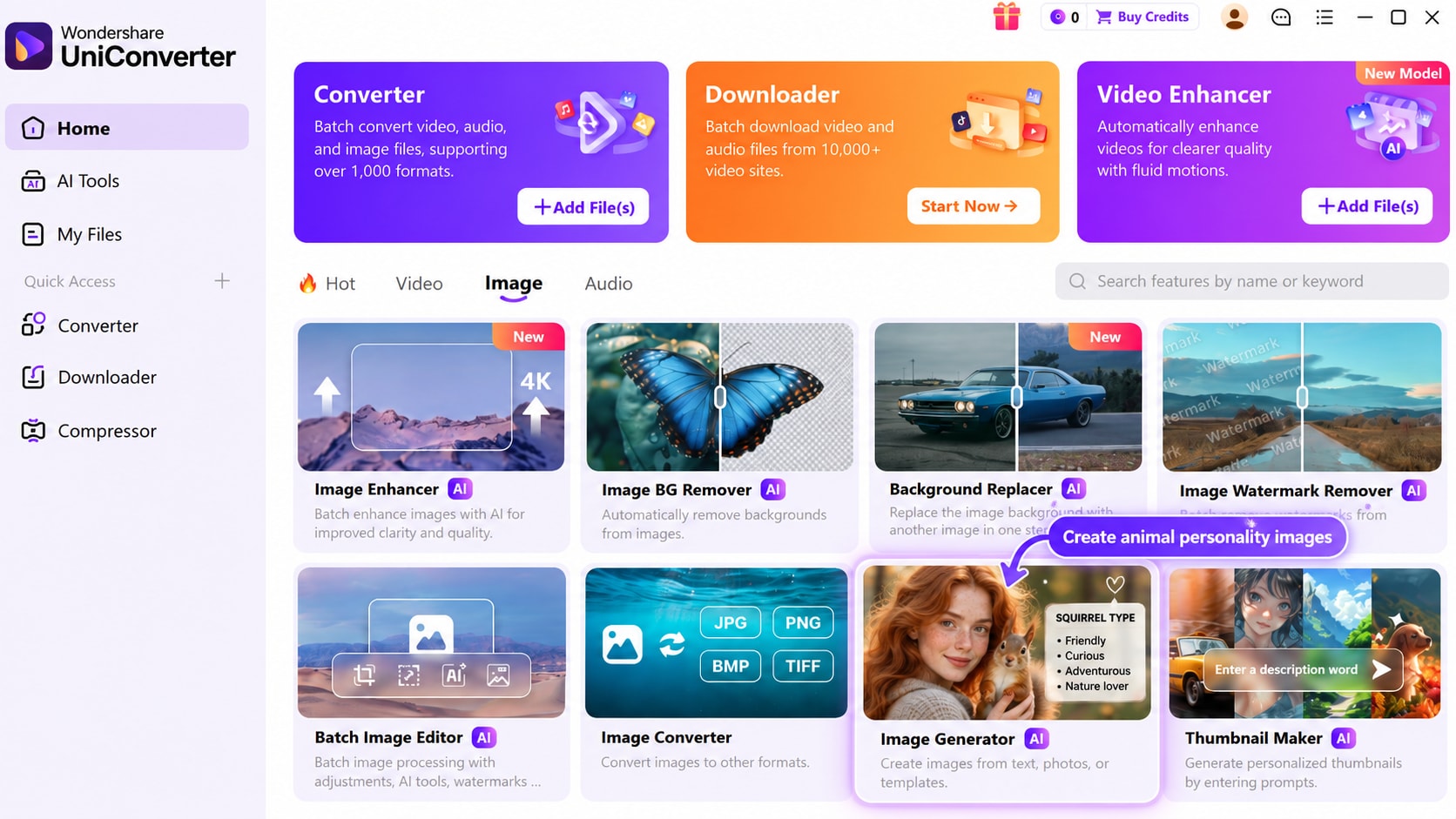 UniConverter Home screen with Image category and Image Generator tile