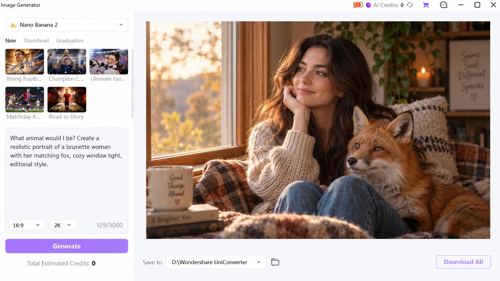 UniConverter Image Generator with model menu, reference image area, prompt field, aspect ratio, resolution, Generate, and Download All controls