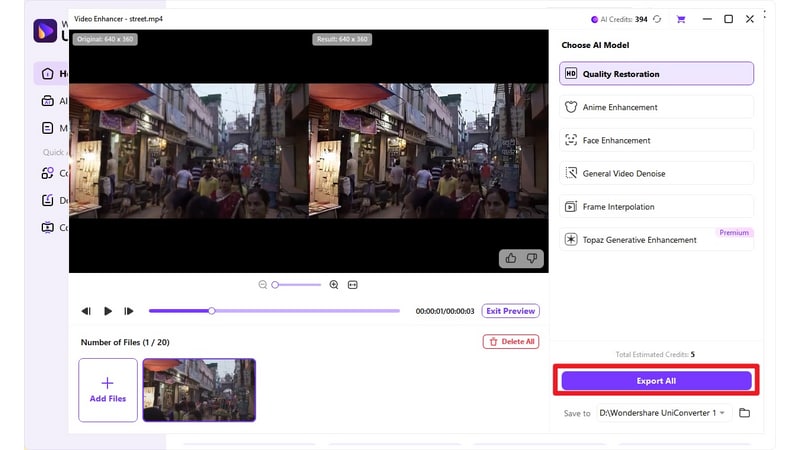 Previewing video quality before exporting from UniConverter