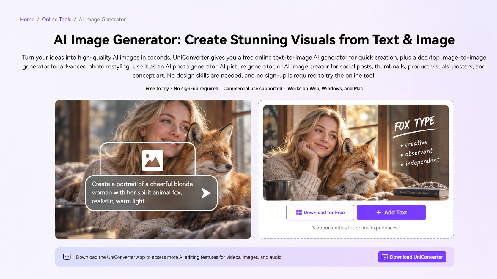 UniConverter online AI Image Generator page with Add Text control