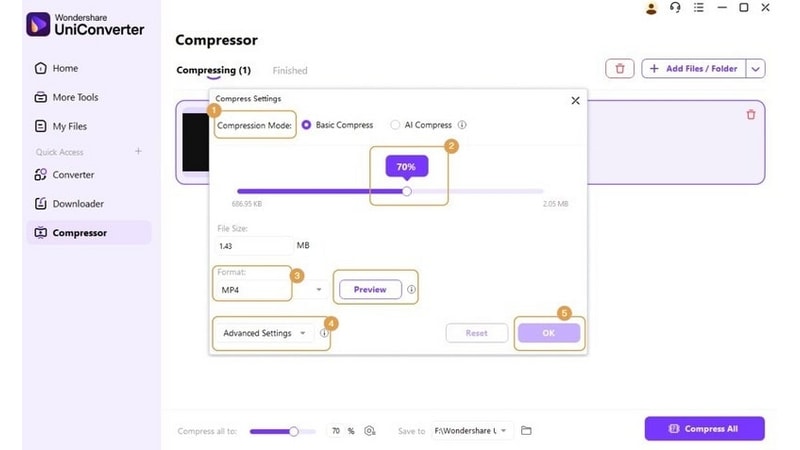 Quality settings in UniConverter Video Compressor