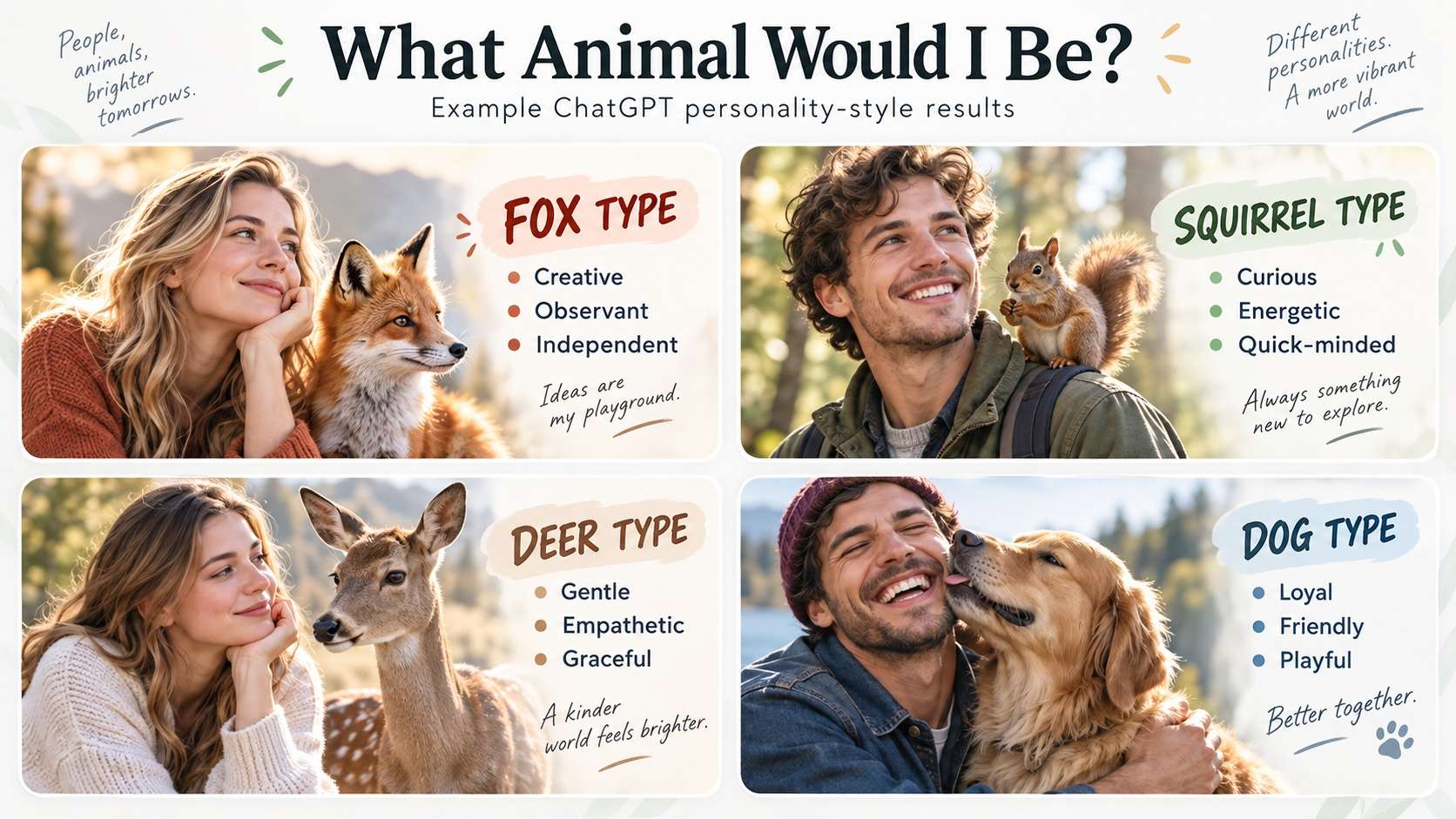 Person shown with fox, owl, wolf, and deer animal personality matches