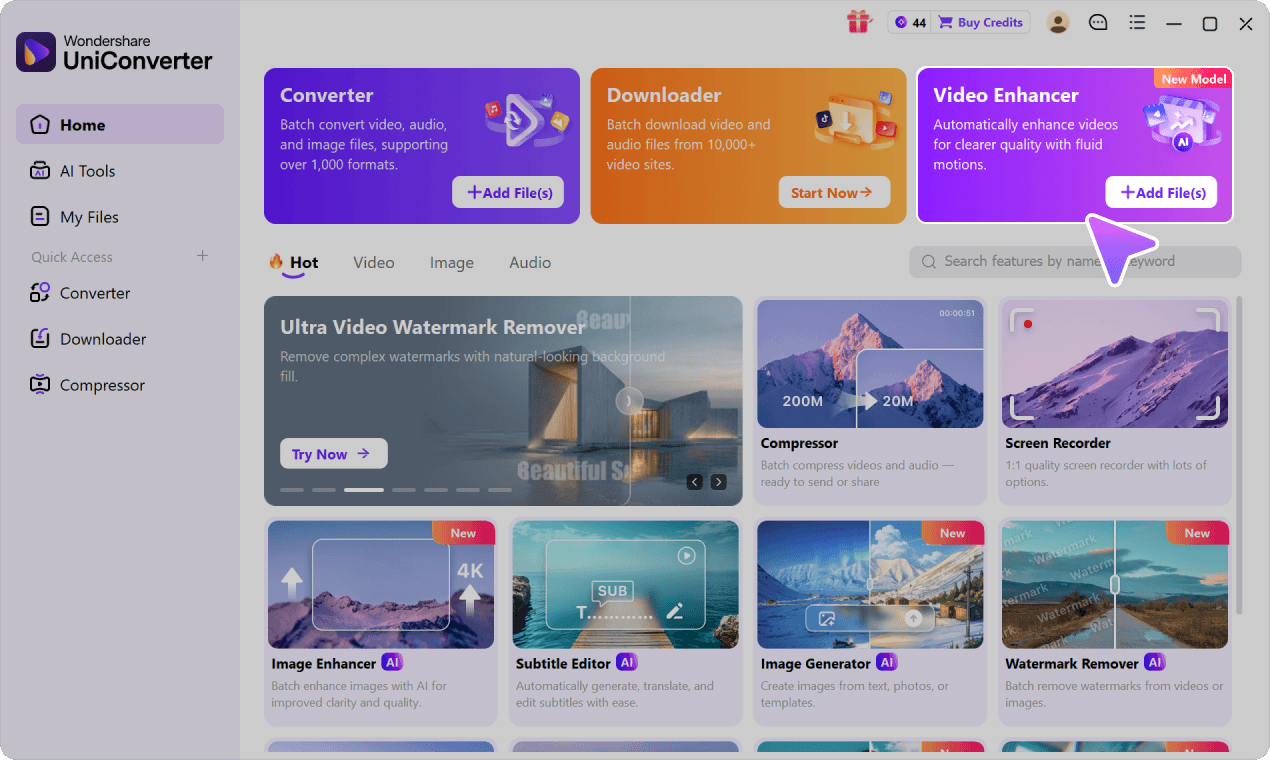 Add a video in UniConverter Video Enhancer