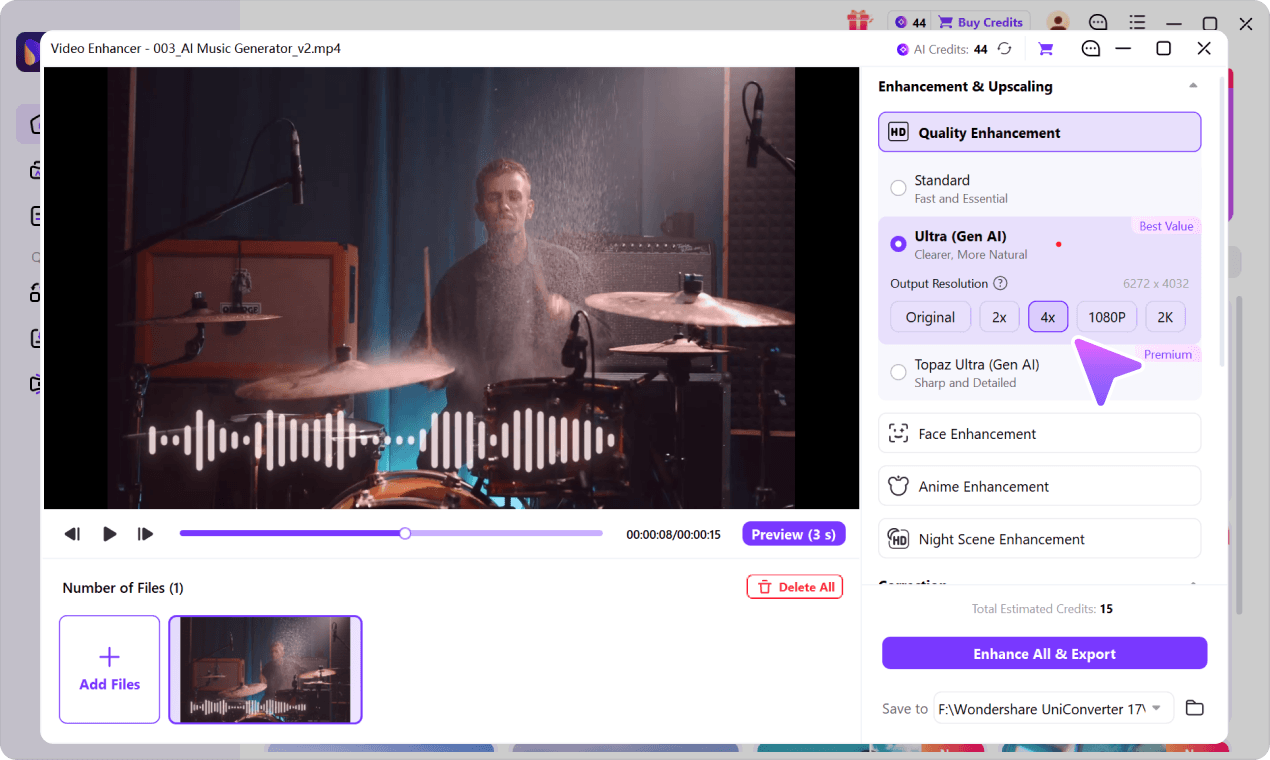 Choose AI enhancement settings for 4K video upscaling