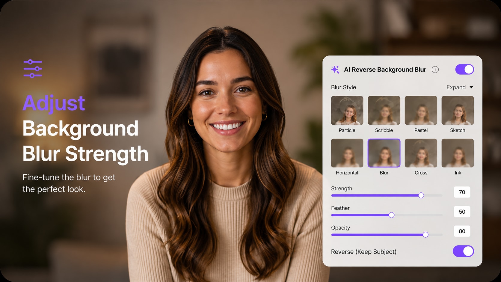 adjust video background blur strength feather and opacity