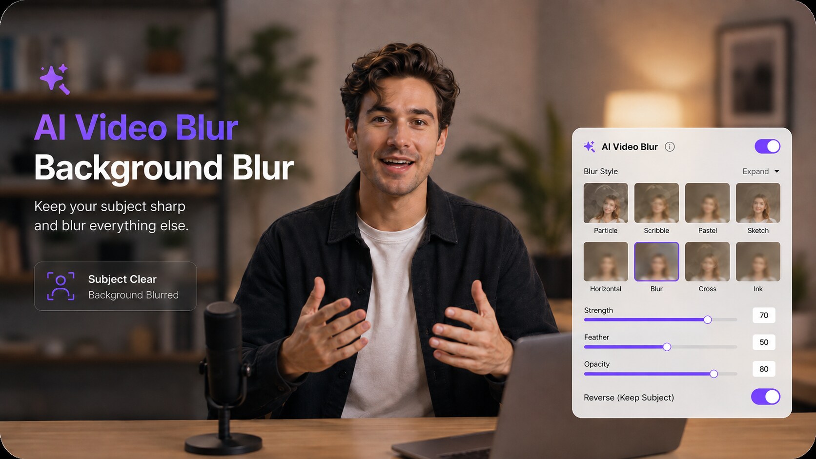 AI reverse blur keeps the selected video subject clear and blurs the background
