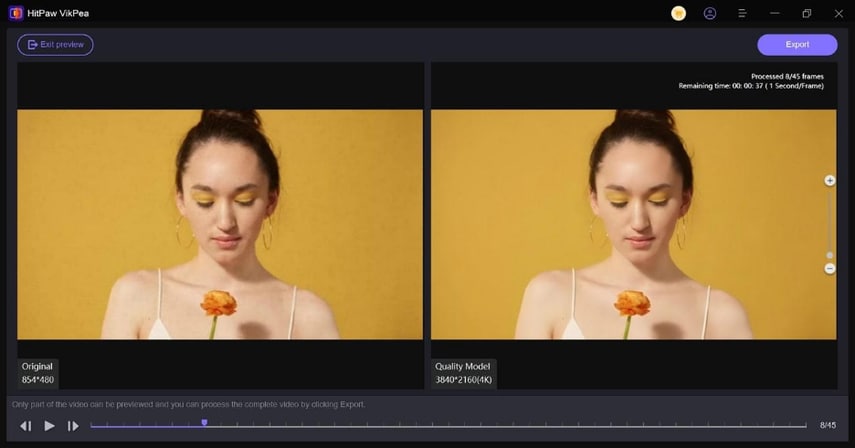 HitPaw VikPea desktop AI video upscaler 4K before and after preview
