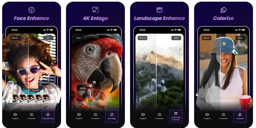 HitPaw VikPea mobile app Face Enhance and 4K Enlarge before and after screens
