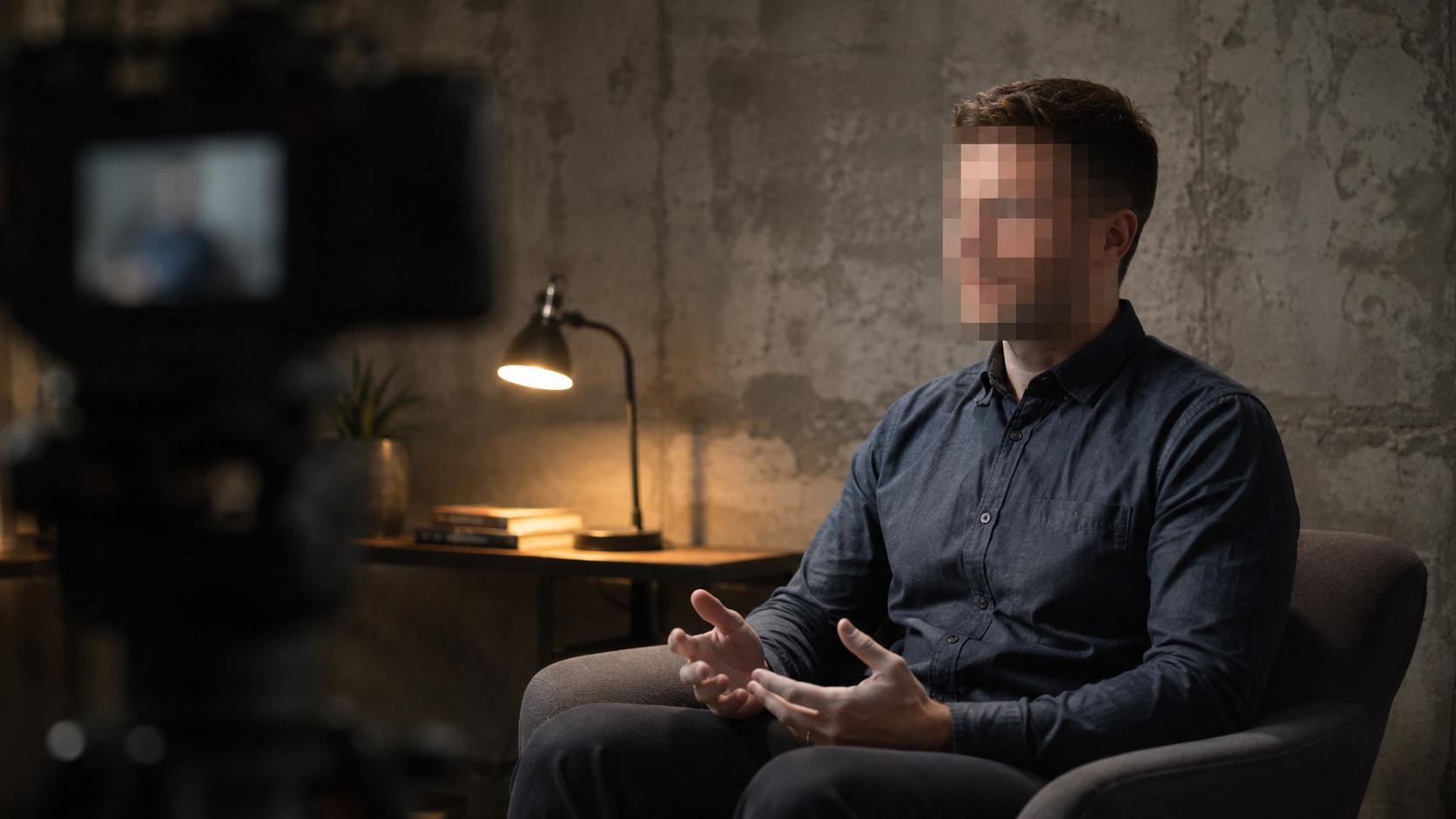 pixelated face in an anonymous standing interview
