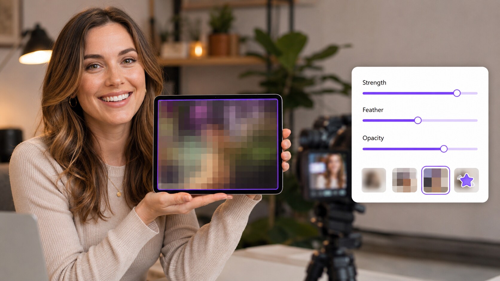 controls for strength feather opacity and pixelated video effect