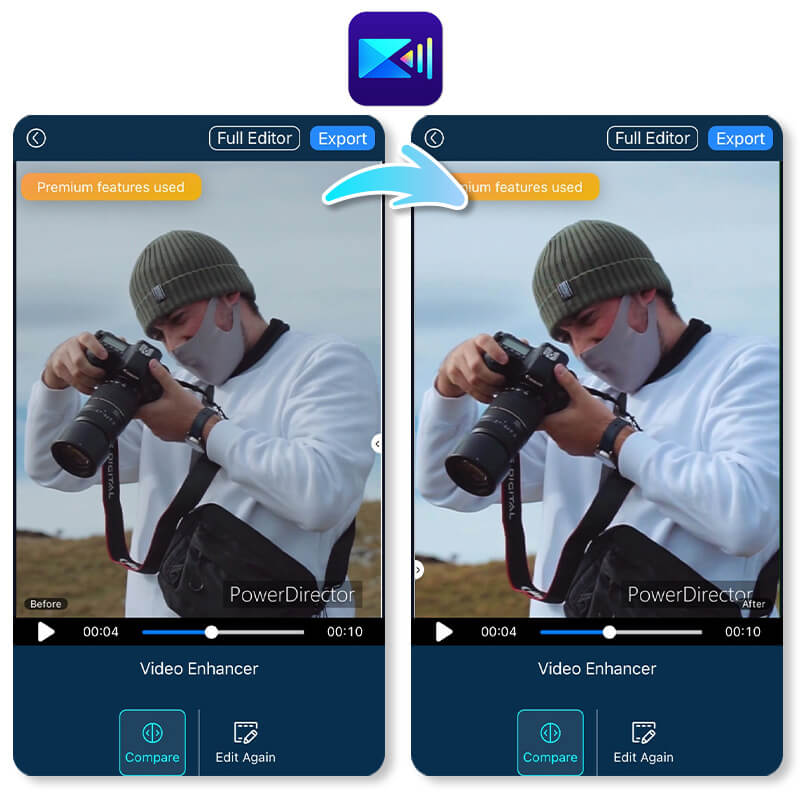 PowerDirector mobile AI video upscaler before and after comparison screen