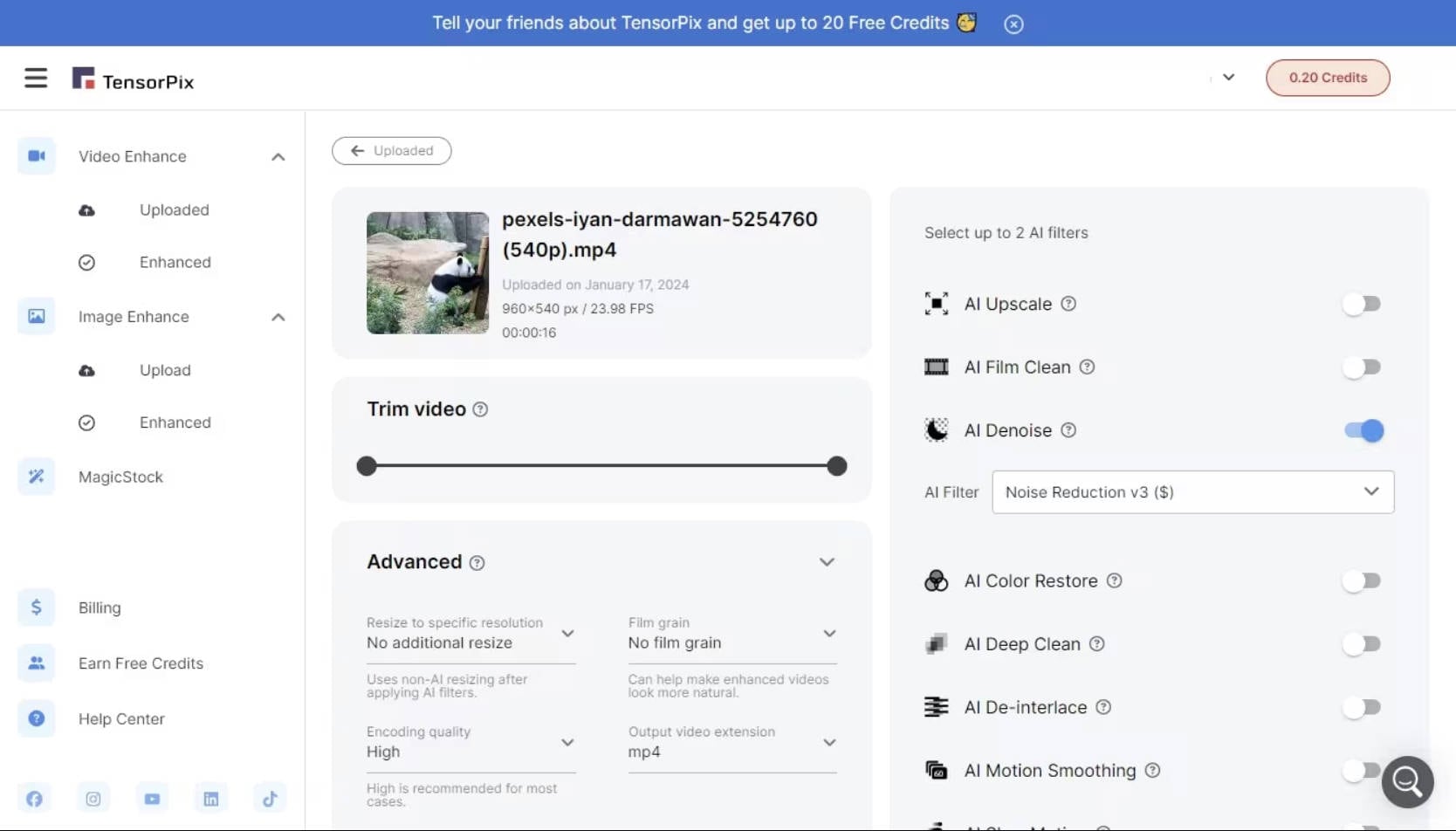 TensorPix AI video enhancer online interface with AI Upscale and Denoise filters