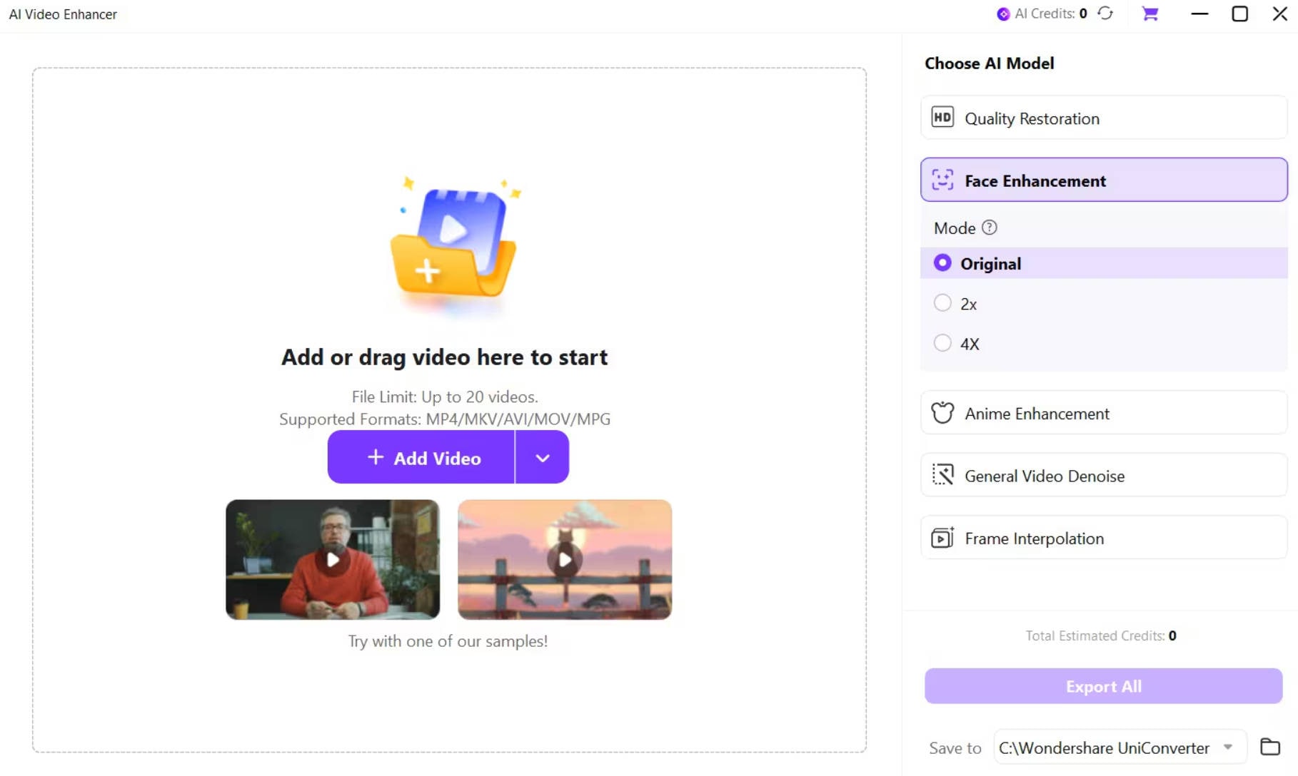 Wondershare UniConverter AI video enhancer app interface for improving video quality and upscaling footage