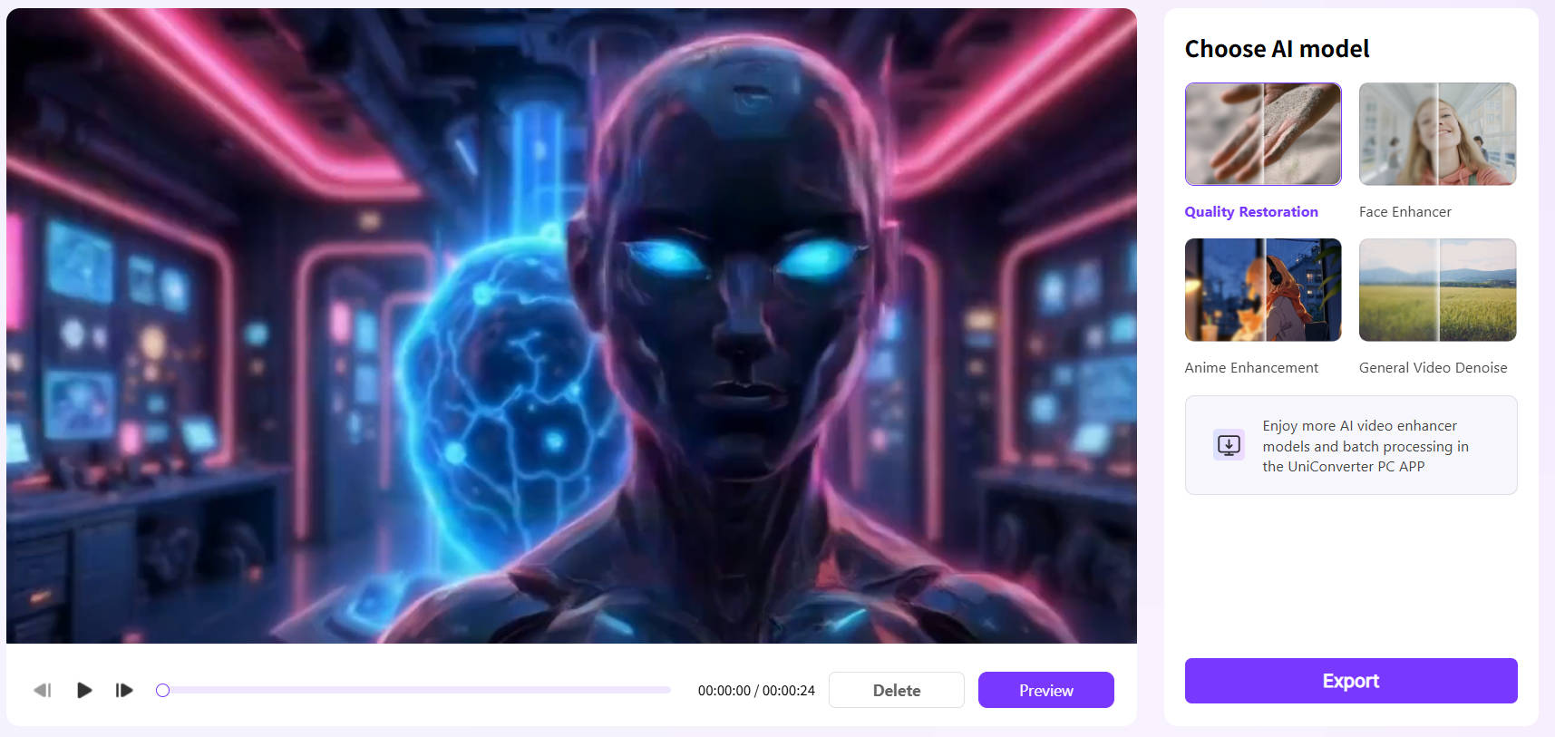UniConverter AI Video Upscaler web interface for online video quality restoration