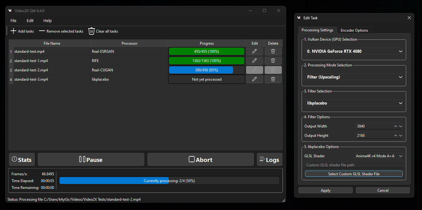 Video2X open-source video upscaler Windows application interface