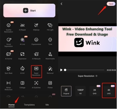 Wink mobile app Super Resolution controls for 1080p 2K and 4K upscaling