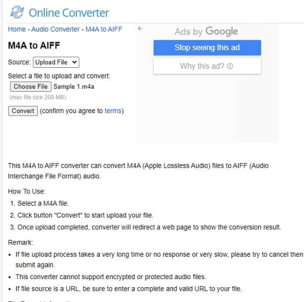 Convert M4A to AIFF online with Online Converter