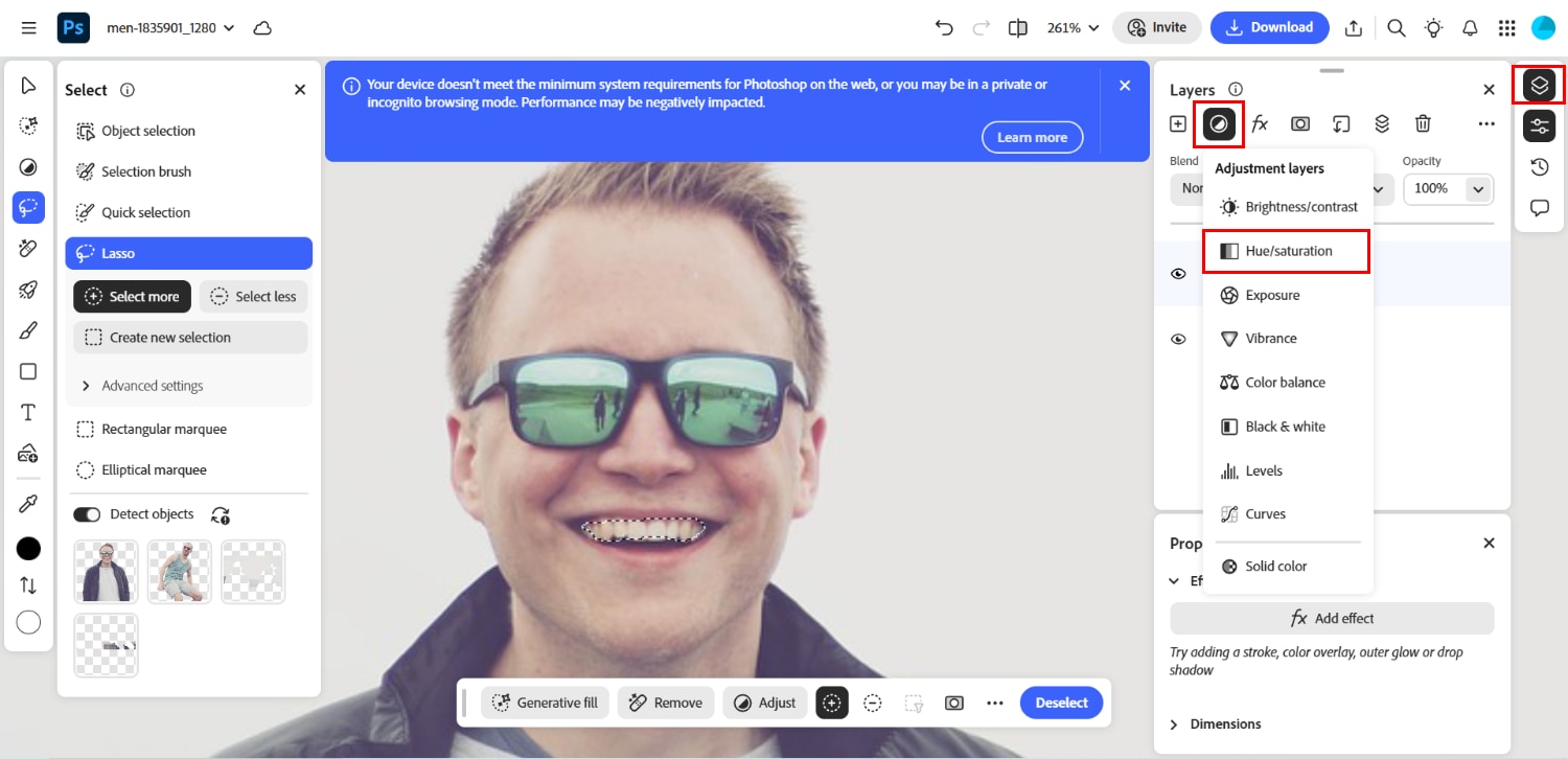 select hue/saturation option